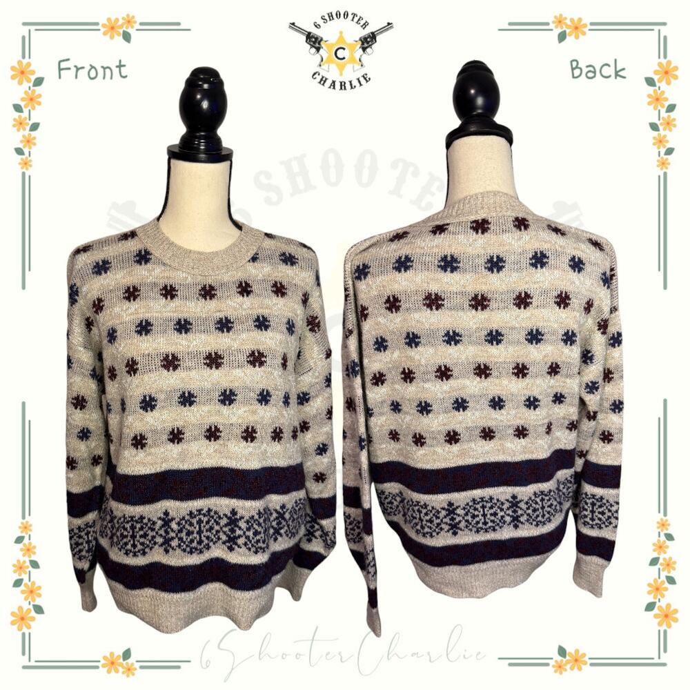 Vintage Sweater Bazaar Crewneck Snowflakes Knit Pullover Sweater Size Large Gray